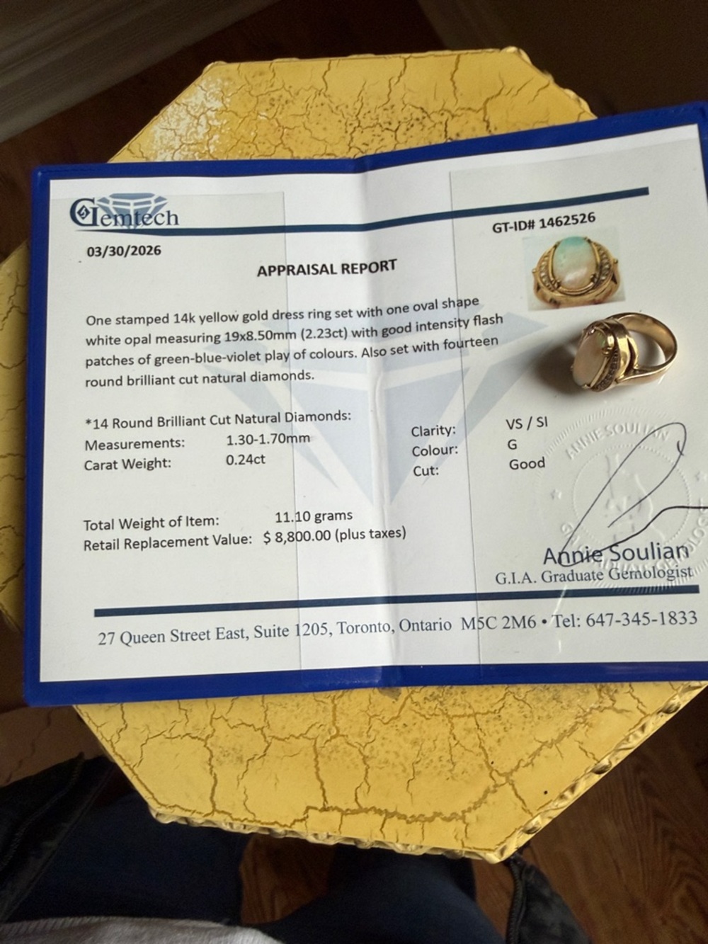Gorgeous 14K Gold Ring with Light Blue Opal Stone. 14 natural cut diamonds. - Picture 7 of 16